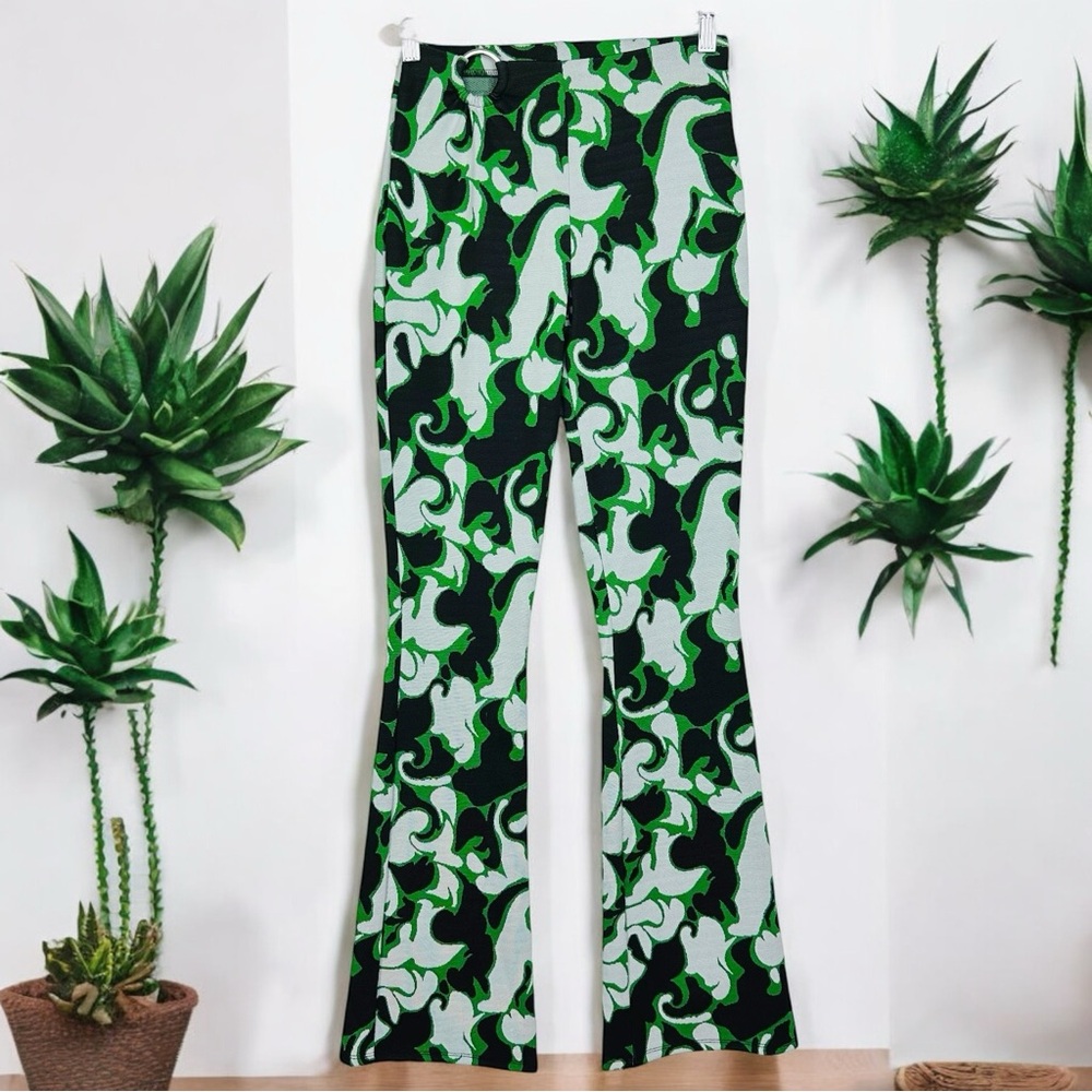 ZARA Jacquard Knit Groovy Ring Cutout Flame Flare Pull On High Rise Pants NWT S